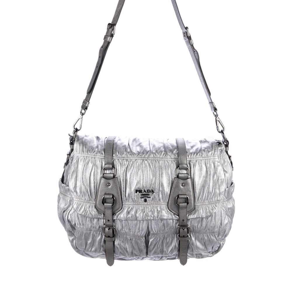 Prada Nappa Gaufre Metallic Silver Messenger Crossbody Bag